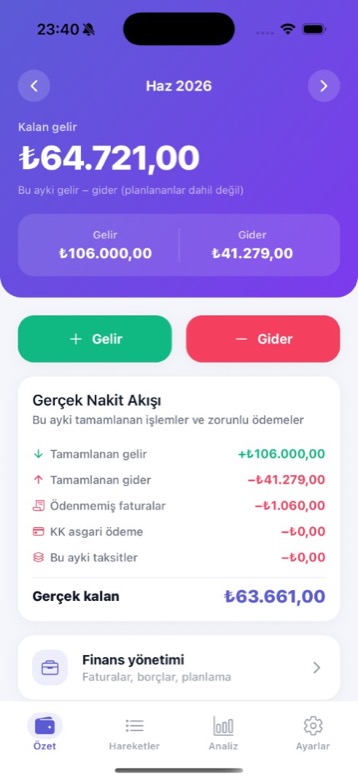 Hesabım Cebimde özet ekranı